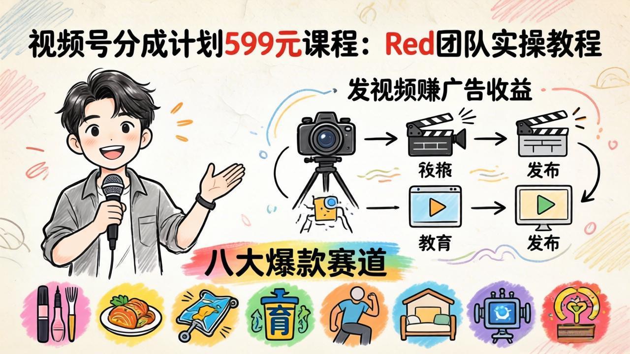 视频号分成计划599元课程：Red团队实操教程，发视频赚广告收益，八大爆款赛道全掌握-好运多多