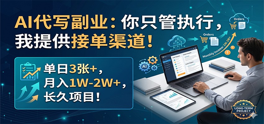 AI代写副业：你只管执行，我提供接单渠道！单日3张+，月入1W-2W+，长久项目-好运多多
