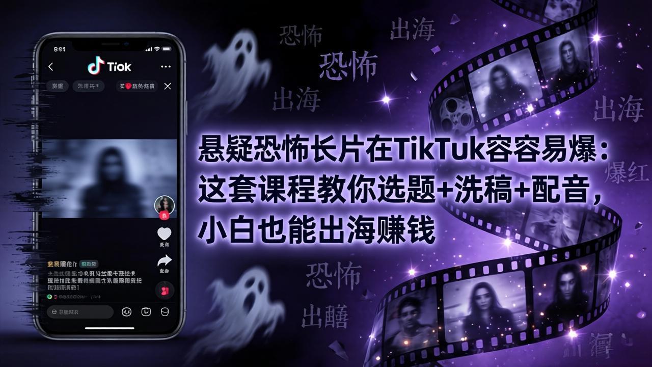 悬疑恐怖长片在TikTok最容易爆：这套课程教你选题+洗稿+配音，小白也能出海赚钱-好运多多