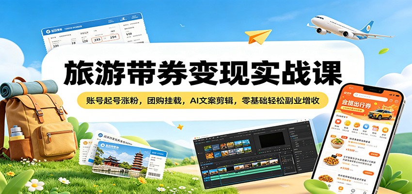 旅游带券变现实战课：账号起号涨粉，团购挂载，AI文案剪辑，零基础轻松副业增收-好运多多
