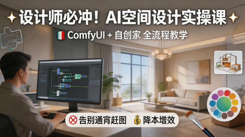 设计师必冲！AI空间设计实操课，ComfyUI+自创家全教学，告别通宵赶图，降本增效-好运多多