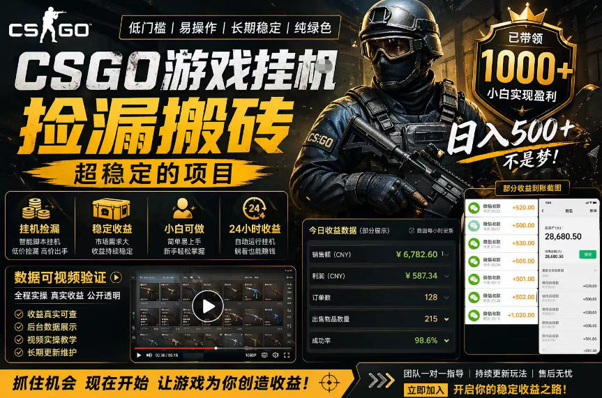 CSGO游戏搬砖，全自动挂G，不需要玩游戏，手机操作日入300+，解放双手【揭秘】-好运多多
