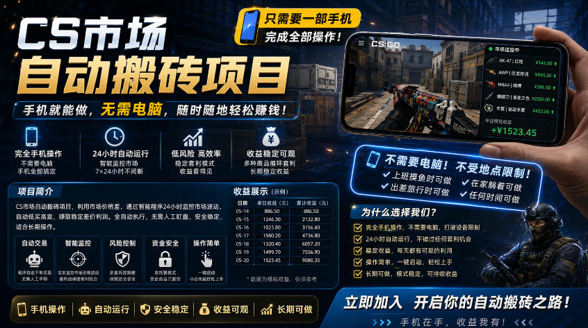 手机即可操作的CS市场自动搬砖系统｜自动监控｜自动下单|日入300+【揭秘】-好运多多