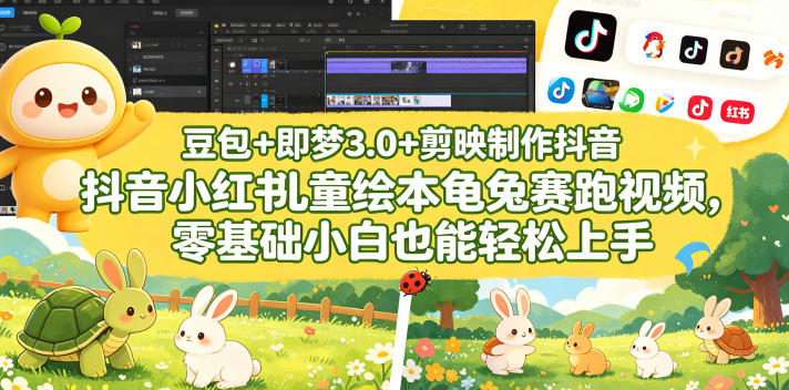 豆包+即梦3.0+剪映制作抖音小红书儿童绘本龟兔赛跑视频,零基础小白也能轻松上手-好运多多