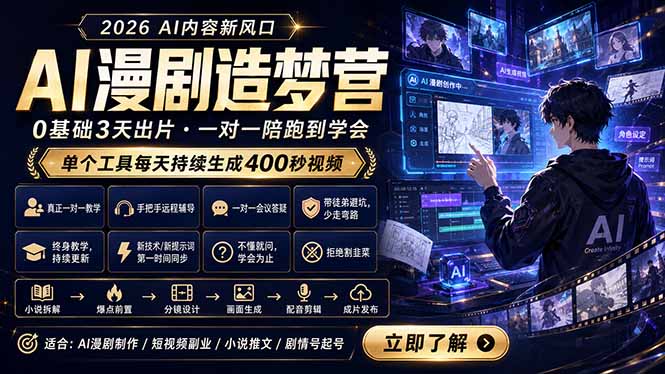 AI漫剧造梦营:0基础3天出片,单个工具每天持续生成400秒视频-好运多多