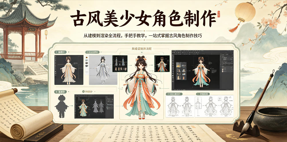 古风美少女角色制作,从建模到渲染全流程,手把手教学,一站式掌握古风角色制作技巧-好运多多