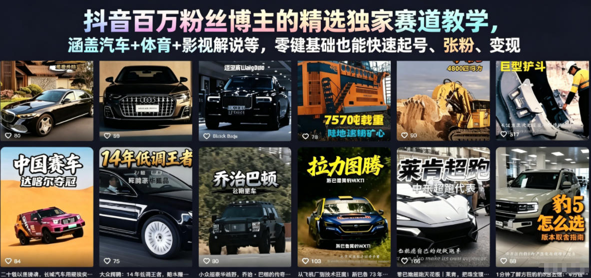 抖音百万粉丝博主的精选独家赛道教学,涵盖汽车+体育+影视解说等,零基础也能快速起号、涨粉、变现-好运多多