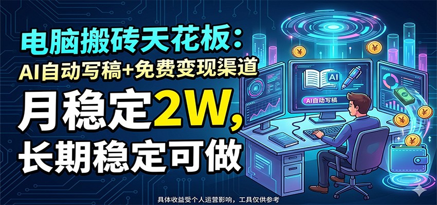 电脑搬砖天花板：AI自动写稿+免费变现渠道，月稳定2W，长期稳定可做-好运多多