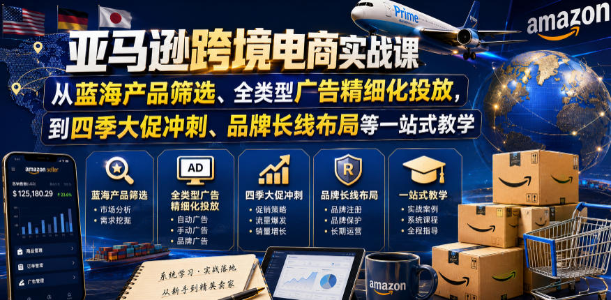 亚马逊跨境电商实战课,从蓝海产品筛选、全类型广告精细化投放,到四季大促冲刺、品牌长线布局等一站式教学-好运多多