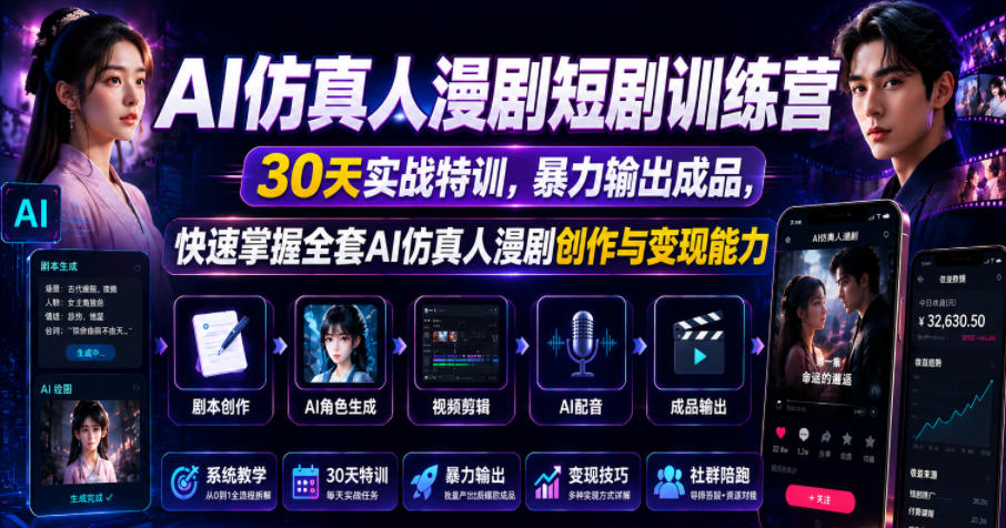AI仿真人漫剧短剧训练营,30天实战特训,暴力输出成品,快速掌握全套AI仿真人漫剧创作与变现能力-好运多多