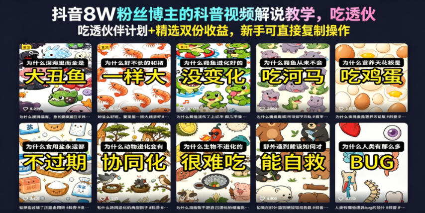 抖音8W粉丝博主的科普视频解说教学，吃透伙伴计划+精选双份收益，新手可直接复制操作-好运多多