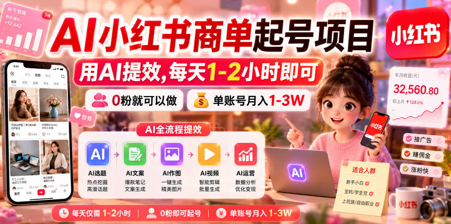 AI小红书商单起号项目,用AI提效,每天1-2小时即可,0粉就可以做,单账号月入1-3W-好运多多