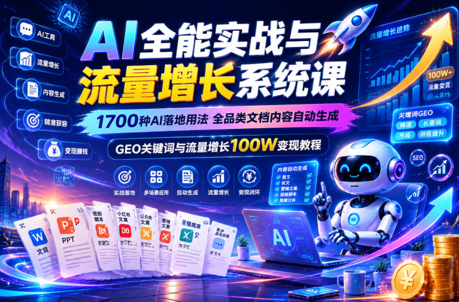 AI全能实战与流量增长系统课,1700种AI落地用法,全品类文档内容自动生成,GEO关键词与流量增长100W变现教程-好运多多