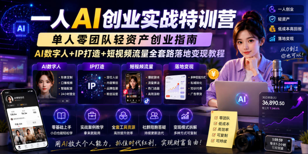 一人AI创业实战特训营,单人零团队轻资产创业指南,AI数字人+IP打造+短视频流量全套路落地变现教程-好运多多