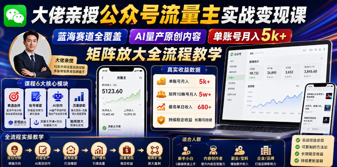 大佬亲授公众号流量主实战变现课,蓝海赛道全覆盖,AI量产原创内容,单账号月入5k+矩阵放大全流程教学-好运多多