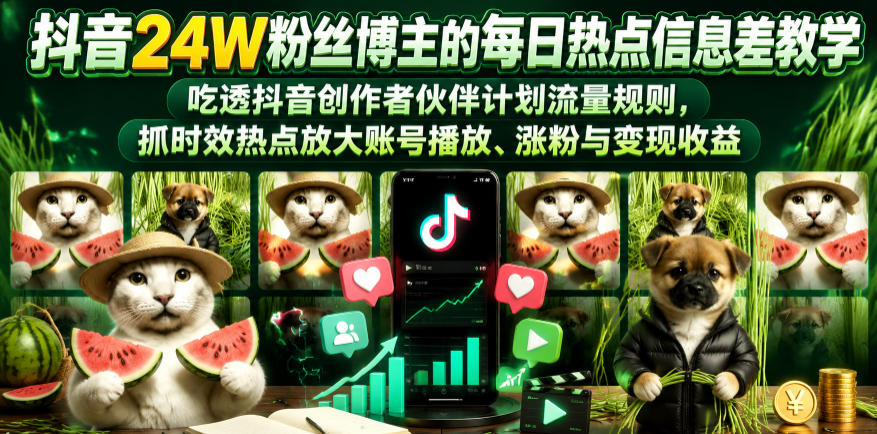 抖音24W粉丝博主的每日热点信息差教学,吃透创作者伙伴计划流量规则,抓时效热点放大账号播放、涨粉与变现收益(更新)-好运多多