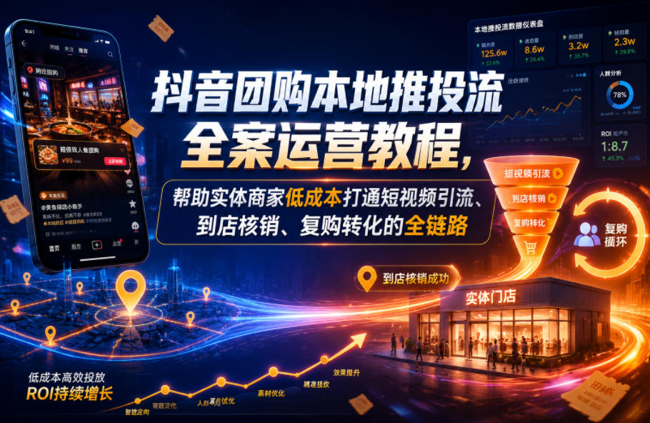 抖音团购本地推投流全案运营教程,帮助实体商家低成本打通短视频引流、到店核销、复购转化的全链路-好运多多