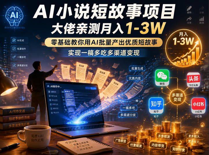 AI小说短故事项目,大佬亲测月入1-3W,零基础教你用AI批量产出优质短故事,实现一稿多吃多渠道变现-好运多多