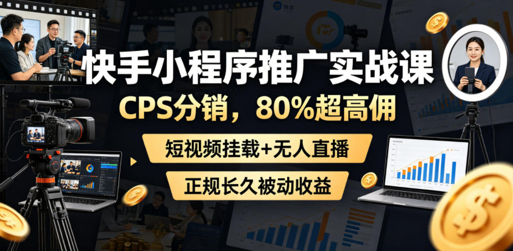 快手小程序推广实战课，CPS分销，80%超高佣，短视频挂载+无人直播，正规长久被动收益-好运多多