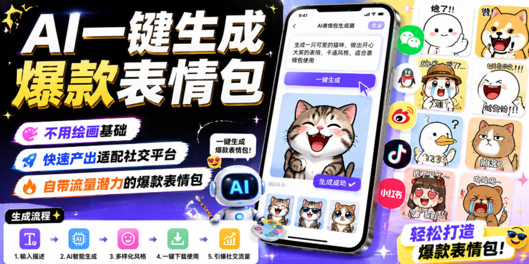 AI一键生成爆款表情包，不用绘画基础，快速产出适配社交平台，自带流量潜力的爆款表情包-好运多多