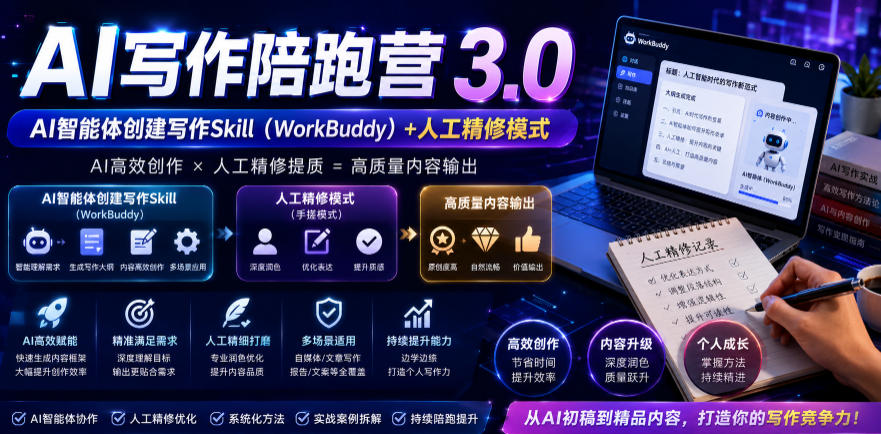 AI写作陪跑营3.0,Ai智能体创建写作skill(workbuddy)+人工手写模式(手搓模式),去除AI痕迹(头条号、公众号、百家号)-好运多多