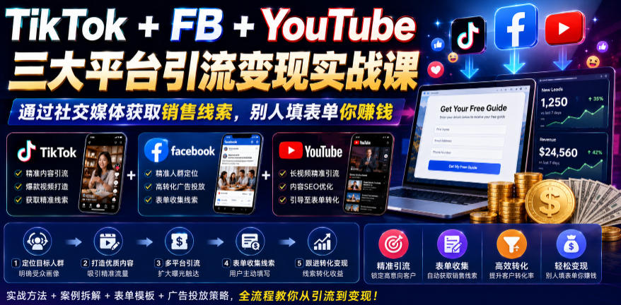 TikTok+FB+YouTube三大平台引流变现实战课，通过社交媒体获取销售线索，别人填表单你賺钱【原创双语字幕】-好运多多