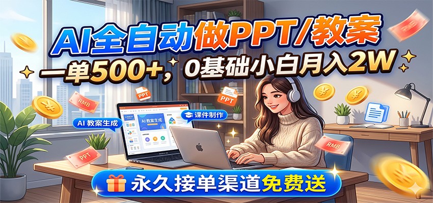 AI全自动做PPT/教案，一单500+，0基础小白月入2W，永久接单渠道免费送-好运多多