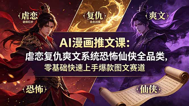 AI漫画推文课：虐恋复仇爽文系统恐怖仙侠全品类，零基础快速上手爆款图文赛道-好运多多