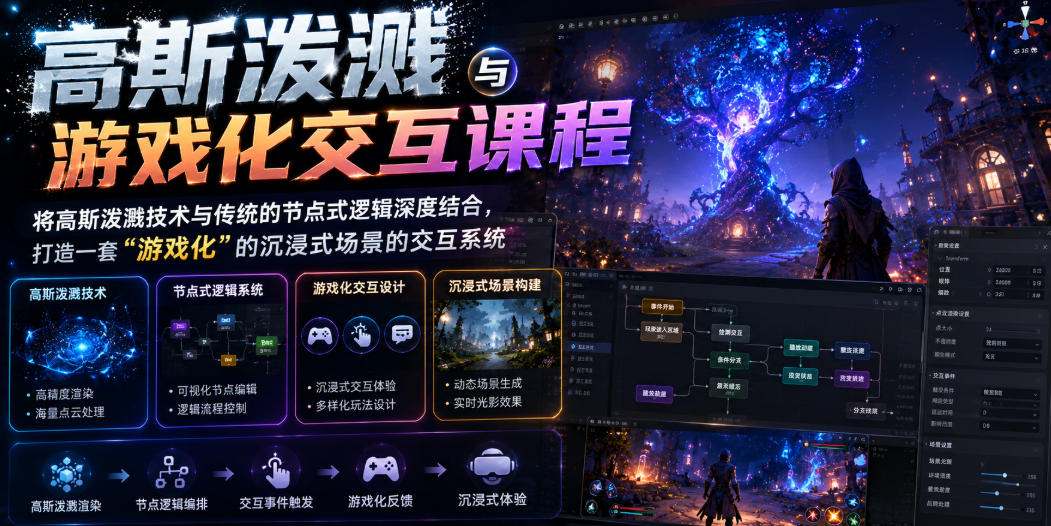 高斯泼溅与游戏化交互课程，将高斯泼溅技术与传统的节点式逻辑深度结合，打造一套“游戏化”的沉浸式场景的交互系统-好运多多