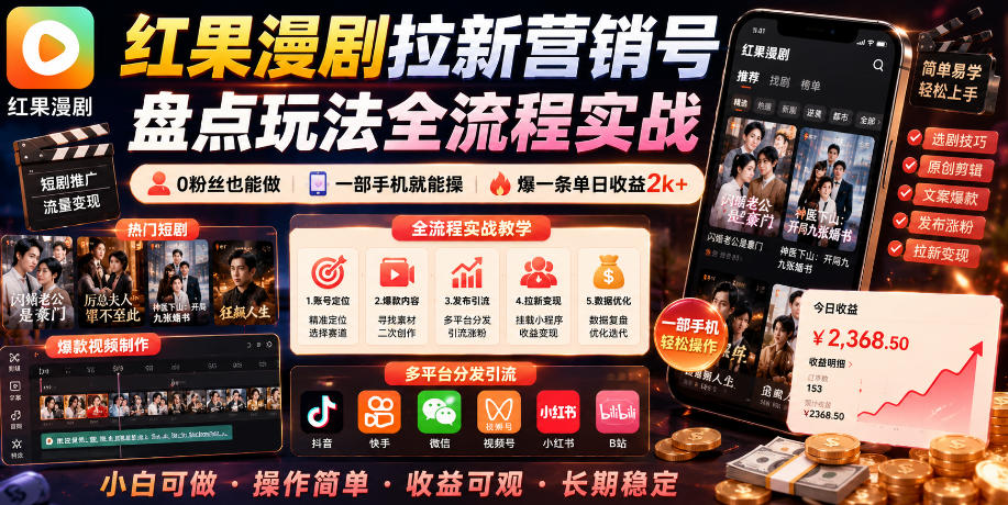 红果漫剧拉新营销号盘点玩法全流程实战，0粉丝也能做，一部手机就能做，爆一条单日收益2k+(更新0628)-好运多多