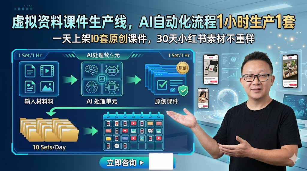 虚拟资料课件生产线，AI自动化流程1小时生产1套，一天上架10套原创课件，30天小红书素材不重样-好运多多