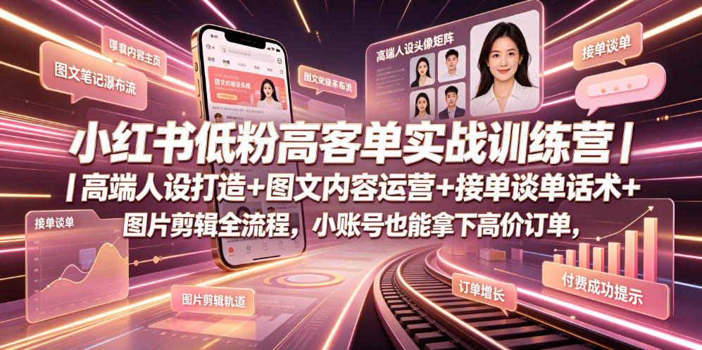 小红书低粉高客单实战训练营｜高端人设打造+图文内容运营+接单谈单话术+图片剪辑全流程，小账号也能拿下高价订单-好运多多