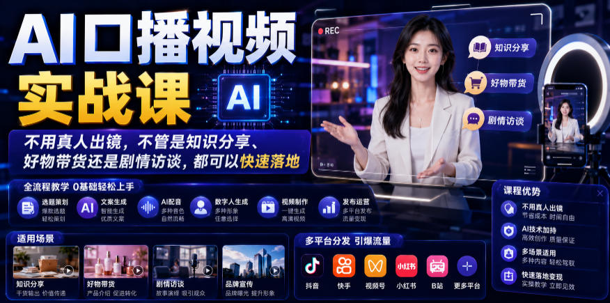 AI口播视频实战课，不用真人出镜，不管是知识分享、好物带货还是剧情访谈，都可以快速落地-好运多多