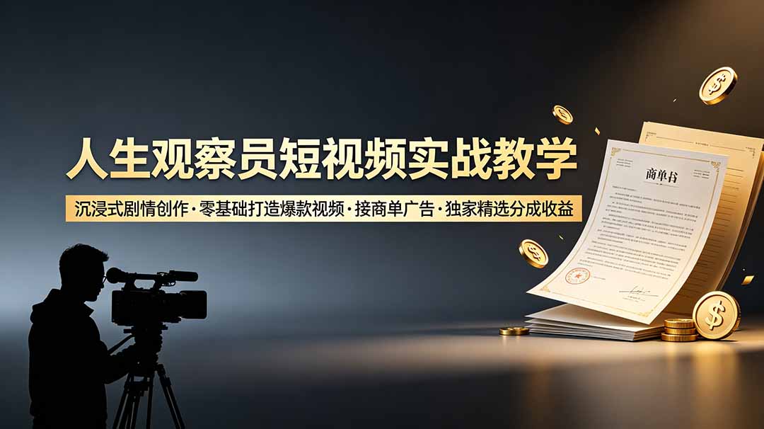 人生观察员短视频实战教学，沉浸式剧情创作，零基础打造爆款视频，接商单广告，独家精选分成收益-好运多多