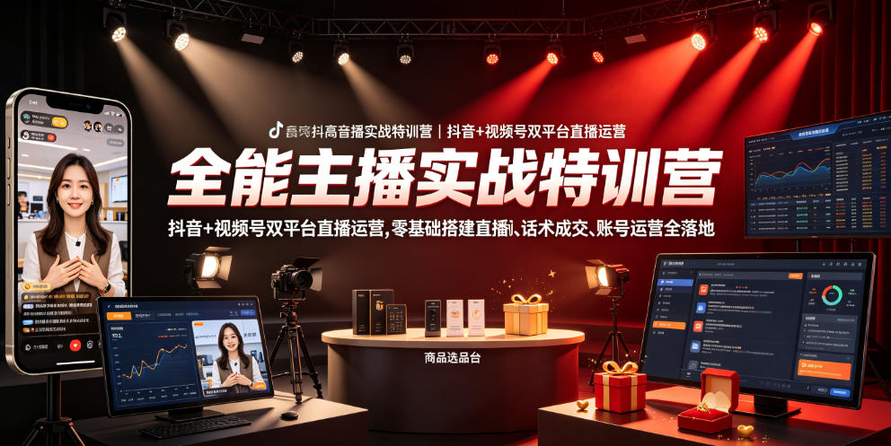 全能主播实战特训营|抖音+视频号双平台直播运营,零基础搭建直播间、精准选品、话术成交、账号运营全落地-好运多多
