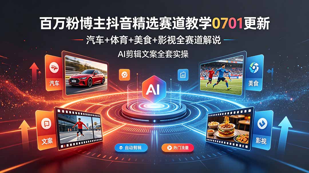 百万粉博主抖音精选赛道教学-0701更新，汽车+体育+美食+影视全赛道解说，AI剪辑文案全套实操-好运多多